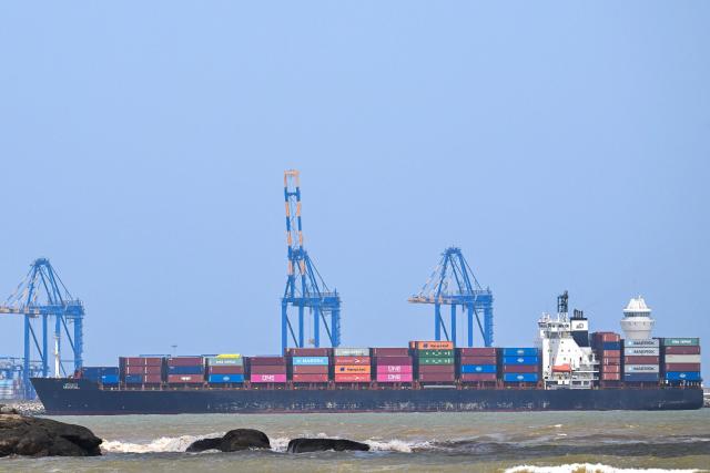 A cargo ship loaded with containers arrives at the Colombo International Container Terminals (CICT) in Colombo on August 7, 2026. (Photo by Ishara S. KODIKARA / AFP)