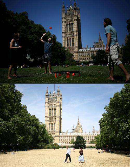 (COMBO) This combination of pictures created on August 07, 2026 shows people playing in the sunshine in Victoria Tower Gardens near the Houses of Parliament, in central London, on July 30, 2024 (top), and people walk on sun scorched grass at Victoria Tower Gardens, backdropped by the Houses Of Parliament in Central London on August 3, 2026. In the southern part of England, July 2026 was the driest month ever recorded, dating back to 1836, with just 1.9 mm of rainfall, or three percent of the average figure, the Met Office said. "July 2026 has been a truly remarkable month in the UK's climate record," said Met Office science manager Amy Doherty. (Photo by HENRY NICHOLLS and Toby Shepheard / AFP)
