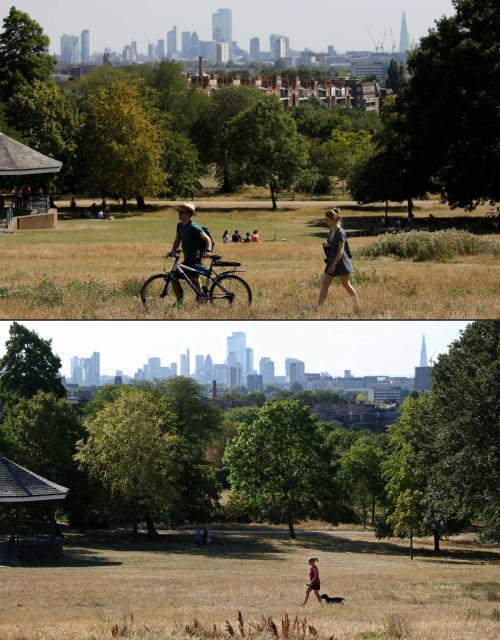 (COMBO) This combination of pictures created on August 07, 2026 shows people walking through Hampstead Heath on August 7, 2020, and people walking through Hampstead Heath, where the grass has turned yellow-brown due to a lack of rain, backdropped by the skyline of central London, on August 7, 2026. In the southern part of England, July 2026 was the driest month ever recorded, dating back to 1836, with just 1.9 mm of rainfall, or three percent of the average figure, the Met Office said. "July 2026 has been a truly remarkable month in the UK's climate record," said Met Office science manager Amy Doherty. (Photo by Toby Shepheard and Tolga AKMEN / AFP)