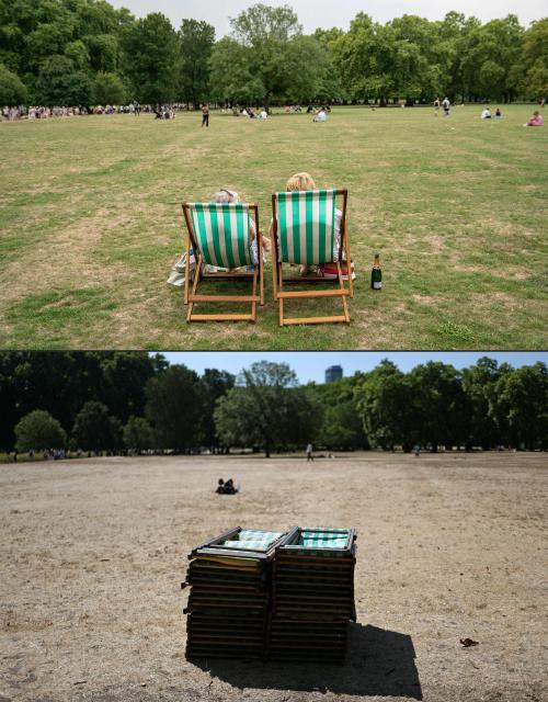 (COMBO) This combination of pictures created on August 07, 2026 shows people sitting in deck chairs in Green Park in London on August 13, 2025 (top), and deck chairs stored on sun-scorched grass, turned yellow-brown due to a lack of rain, in Green Park in London, on August 7, 2026. In the southern part of England, July 2026 was the driest month ever recorded, dating back to 1836, with just 1.9 mm of rainfall, or three percent of the average figure, the Met Office said. "July 2026 has been a truly remarkable month in the UK's climate record," said Met Office science manager Amy Doherty. (Photo by Niklas HALLE'N and Toby Shepheard / AFP)