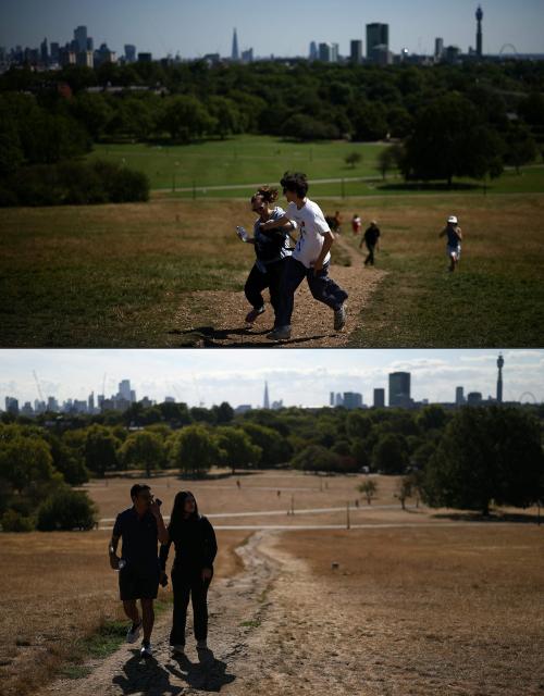 (COMBO) This combination of pictures created on August 07, 2026 shows people enjoying the hot weather as they walk up  Primrose Hill on July 29, 2024 (top) and people walking up a dried out path in the grass, turned yellow-brown due to a lack of rain, backdropped by the skyline of central London, on Primrose Hill in London, on August 7, 2026. In the southern part of England, July 2026 was the driest month ever recorded, dating back to 1836, with just 1.9 mm of rainfall, or three percent of the average figure, the Met Office said. "July 2026 has been a truly remarkable month in the UK's climate record," said Met Office science manager Amy Doherty. (Photo by HENRY NICHOLLS and Toby Shepheard / AFP)