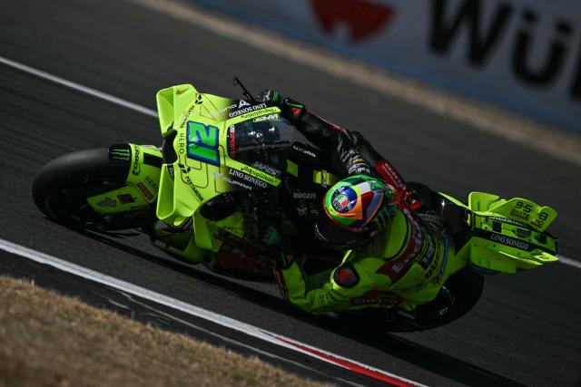 Pertamina Enduro VR64 Racing's Italian rider Franco Morbidelli takes part in the MotoGP Practice Session on the first day of the MotoGP British Grand Prix weekend at Silverstone circuit, central England on August 7, 2026. (Photo by Glyn KIRK / AFP)