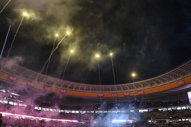A general view of fireworks ahead of a rugby union tour match between the Stormers and New Zealand at the Cape Town Stadium in Cape Town on August 7, 2026. (Photo by Rodger Bosch / AFP)