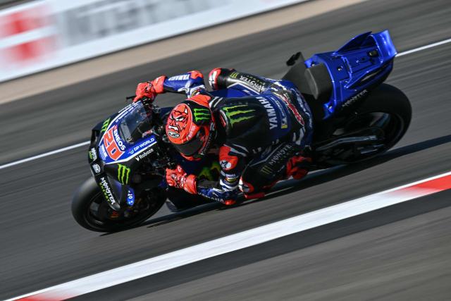 Monster Energy Yamaha's French rider Fabio Quartararo takes part in the MotoGP Practice Session on the first day of the MotoGP British Grand Prix weekend at Silverstone circuit, central England on August 7, 2026. (Photo by Glyn KIRK / AFP)