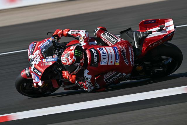 Ducati Lenovo Team's Italian rider Francesco Bagnaia takes part in the MotoGP Practice Session on the first day of the MotoGP British Grand Prix weekend at Silverstone circuit, central England on August 7, 2026. (Photo by Glyn KIRK / AFP)