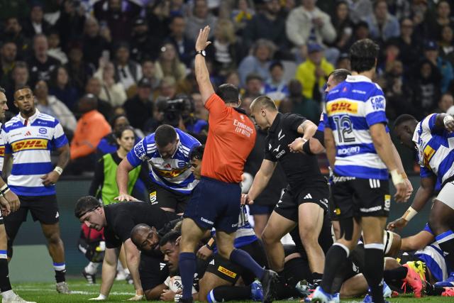 New Zealand's hooker Samisoni Taukei’aho scores a try during a rugby union tour match between the Stormers and New Zealand at the Cape Town Stadium in Cape Town on August 7, 2026. (Photo by Rodger Bosch / AFP)