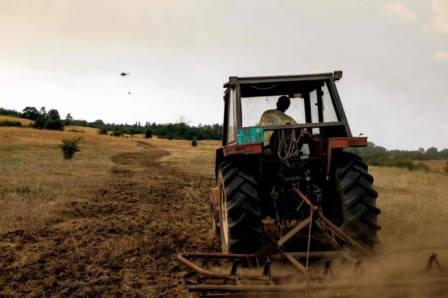 A farmer uses his tractor to create a firebreak in a field to help stop a wildfire near the town of Kovin on August 7, 2026. (Photo by UROS ARSIC / AFP)