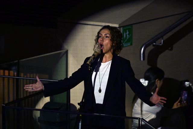 Colombian singer-songwriter Maia performs during the inauguration ceremony of Colombia's new President Abelardo de la Espriella at the Universidad Santiago de Cali in Cali, Colombia, on August 7, 2026. (Photo by Luis ACOSTA / AFP)