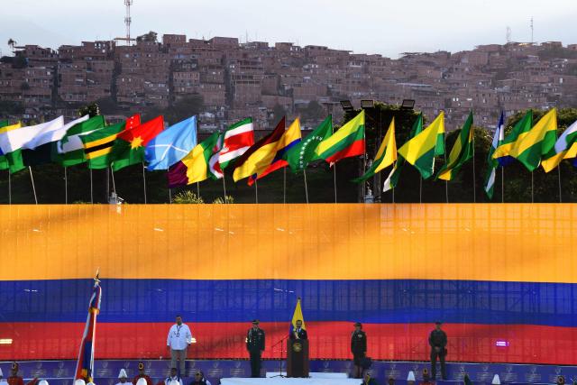 Colombia's new President Abelardo de la Espriella (C) delivers a speech at the Pichincha Battalion after swearing in, in Cali, Colombia, on August 7, 2026. (Photo by Jaime SALDARRIAGA / AFP)