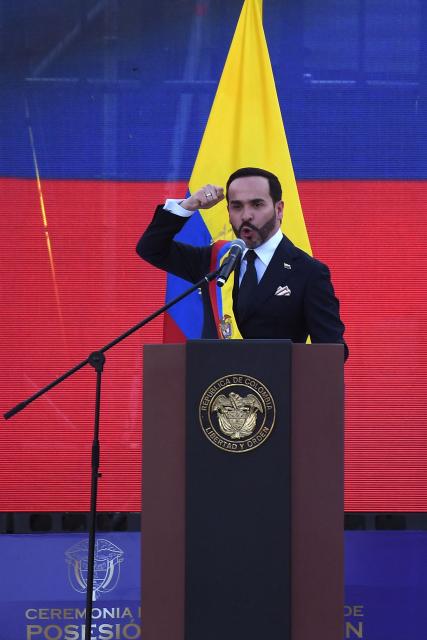 Colombia's new President Abelardo de la Espriella delivers a speech at the Pichincha Battalion after swearing in, in Cali, Colombia, on August 7, 2026. (Photo by Jaime SALDARRIAGA / AFP)