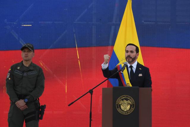 Colombia's new President Abelardo de la Espriella delivers a speech at the Pichincha Battalion after swearing in, in Cali, Colombia, on August 7, 2026. (Photo by Jaime SALDARRIAGA / AFP)