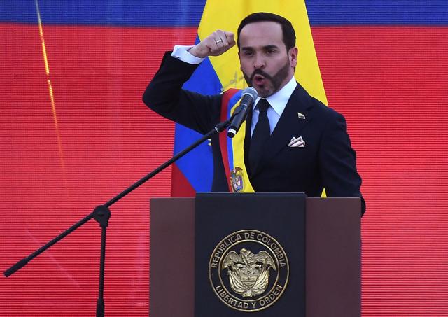 Colombia's new President Abelardo de la Espriella delivers a speech at the Pichincha Battalion after swearing in, in Cali, Colombia, on August 7, 2026. (Photo by Jaime SALDARRIAGA / AFP)