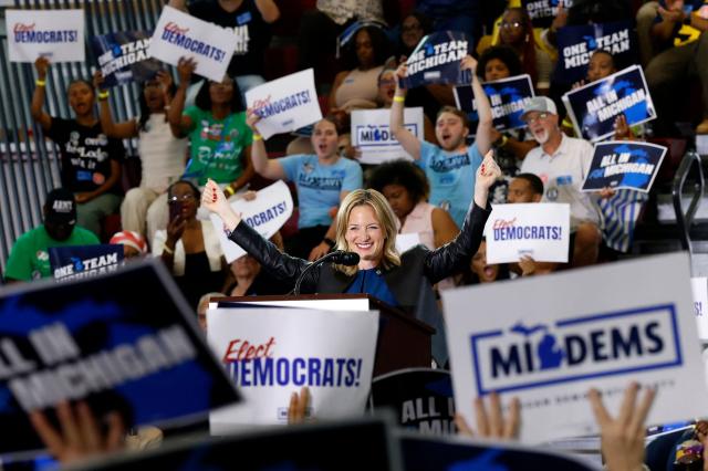 Michigan Secretary of State and gubernatorial candidate Jocelyn Benson cheers supporters during the Michigan Democratic Party General Election Kickoff Rally at Renaissance High School in Detroit, Michigan, on August 7, 2026. (Photo by JEFF KOWALSKY / AFP)