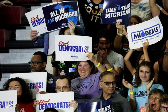 Democratic Party supporters cheer during the Michigan Democratic Party General Election Kickoff Rally at Renaissance High School in Detroit, Michigan, on August 7, 2026. (Photo by JEFF KOWALSKY / AFP)