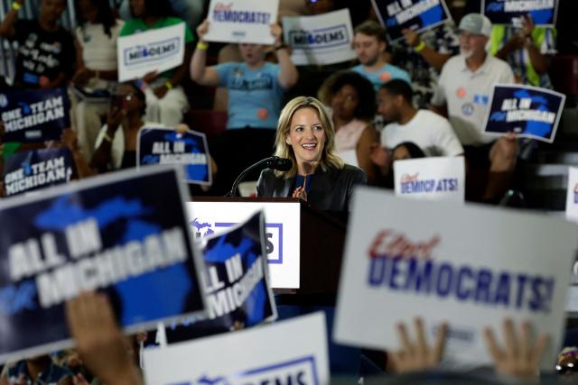 Michigan Secretary of State and gubernatorial candidate Jocelyn Benson speaks during the Michigan Democratic Party General Election Kickoff Rally at Renaissance High School in Detroit, Michigan, on August 7, 2026. (Photo by JEFF KOWALSKY / AFP)