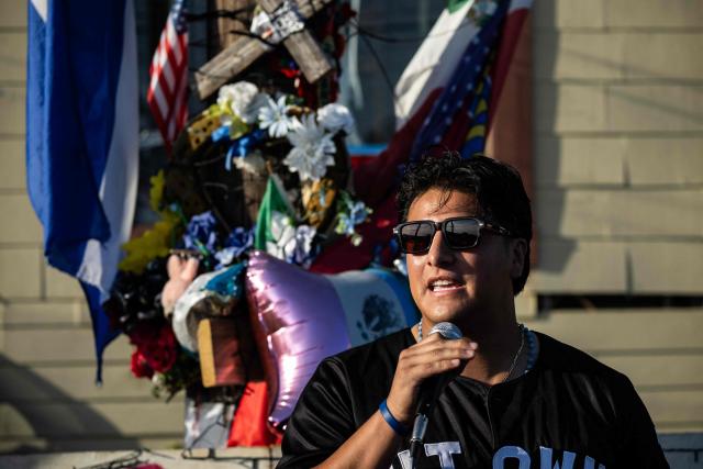 Ronaldo Salgado speaks during a vigil and celebration of life for his father Lorenzo Salgado Araujo, a 52-year-old Mexican construction worker who was fatally shot during a US Immigration and Customs Enforcement (ICE) operation, in Houston, Texas, on August 7, 2026. The son of a Mexican man fatally shot by US immigration officials in Texas demanded an investigation, with a leading civil rights group calling it a "possible murder." Lorenzo Salgado was killed by an ICE officer in Houston, Texas, early on July 7, marking the first fatal shooting involving US immigration officers since two January killings in the northern city of Minneapolis that drew national headlines. (Photo by RONALDO SCHEMIDT / AFP)