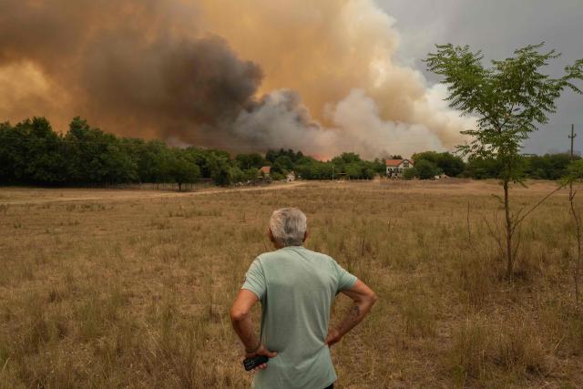 A man watches the smoke billowing from a wildfire in Deliblatska Pescara (Deliblato Sands), near the village of Sumarak, some 70 kilometres northeast of Belgrade, on August 7, 2026. Firefighters were battling wildfires across the Balkans as days of high temperatures and drought conditions continue to drive blazes in several countries, including Serbia. (Photo by Uros Arsic / AFP)