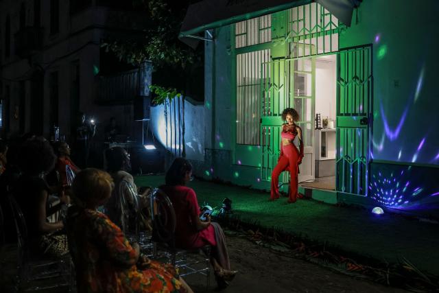 A mannequin displays an outfit from a local boutique during a fashion show, in the city of Sao Tome, capital of Sao Tome and Principe, on August 7, 2026. (Photo by Daniel BELOUMOU OLOMO / AFP)