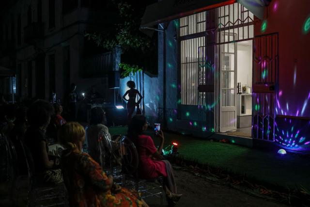 A mannequin displays an outfit from a local boutique during a fashion show, in the city of Sao Tome, capital of Sao Tome and Principe, on August 7, 2026. (Photo by Daniel BELOUMOU OLOMO / AFP)
