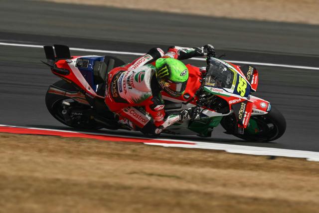 Castrol Honda LCR's British rider Cal Crutchlow takes part in MotoGP Qualifying on the second day of the MotoGP British Grand Prix weekend at Silverstone circuit, central England on August 8, 2026. (Photo by Glyn KIRK / AFP)