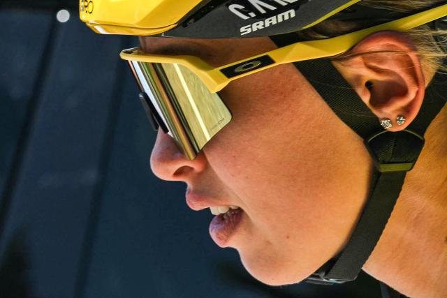 Canyon//SRAM zondacrypto's Polish rider Katarzyna Niewiadoma, wearing the overall leader's yellow jersey, rides during the Women's Tour de France cycling race, 171.9 km from Sisteron to Nice, southeastern France on August 8, 2026. (Photo by NICOLAS TUCAT / AFP)