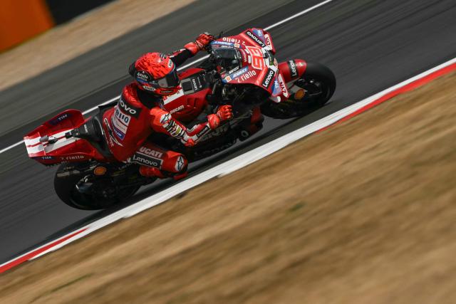 Ducati Lenovo Team's Spanish rider Marc Marquez takes part in the MotoGP Free Practice 2 on the second day of the MotoGP British Grand Prix weekend at Silverstone circuit, central England on August 8, 2026. (Photo by Glyn KIRK / AFP)