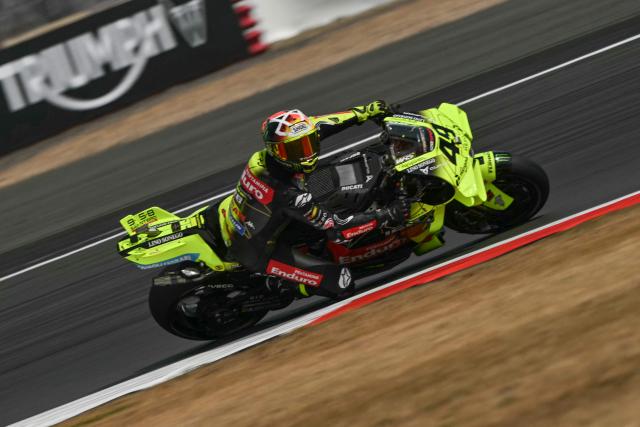 Pertamina Enduro VR46 Racing's Italian rider Fabio Di Giannantonio takes part in the MotoGP Free Practice 2 on the second day of the MotoGP British Grand Prix weekend at Silverstone circuit, central England on August 8, 2026. (Photo by Glyn KIRK / AFP)