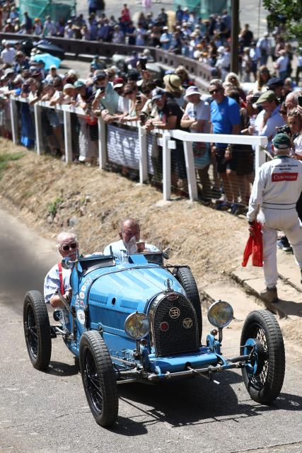 A Bugatti Type 35 car is displayed during the Grand Prix Centenary event at Brooklands Museum and race circuit, in Weybridge, south-west of London on August 8, 2026. 2026 marks the 100th anniversary of Britain's first Grand Prix, held at the Brooklands race circuit. (Photo by Toby Shepheard / AFP)