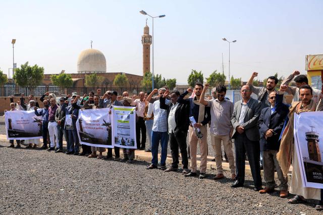 Demonstrators attend a protest at Sanaa International Airport on August 8, 2026 against restrictions imposed by the Saudi-led coalition on Yemeni airports and demanding the reopening of the facility and resumption of commercial flights to the Yemeni capital. (Photo by Mohammed HUWAIS / AFP)