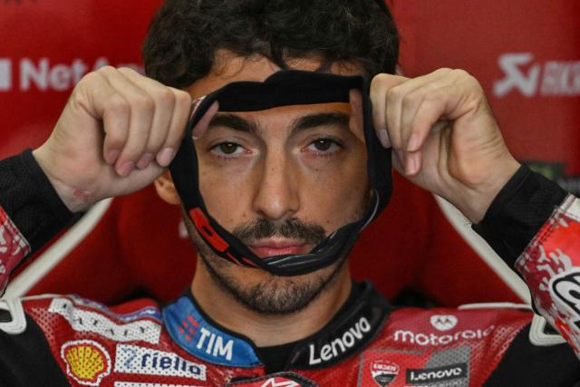 Ducati Lenovo Team's Italian rider Francesco Bagnaia is pictured in the garage on the second day of the MotoGP British Grand Prix weekend at Silverstone circuit, central England on August 8, 2026. (Photo by Glyn KIRK / AFP)