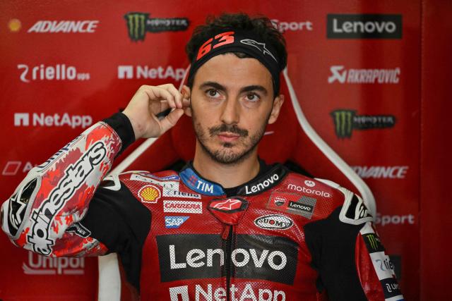 Ducati Lenovo Team's Italian rider Francesco Bagnaia is pictured in the garage on the second day of the MotoGP British Grand Prix weekend at Silverstone circuit, central England on August 8, 2026. (Photo by Glyn KIRK / AFP)