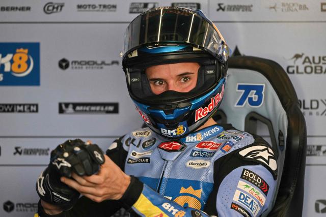 BK8 Gresini Racing's Spanish rider Alex Marquez is pictured in the garage on the second day of the MotoGP British Grand Prix weekend at Silverstone circuit, central England on August 8, 2026. (Photo by Glyn KIRK / AFP)