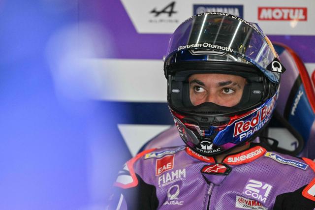 Prima Pramac Yamaha's Turkish rider Toprak Razgatlioglu is pictured in the garage on the second day of the MotoGP British Grand Prix weekend at Silverstone circuit, central England on August 8, 2026. (Photo by Glyn KIRK / AFP)