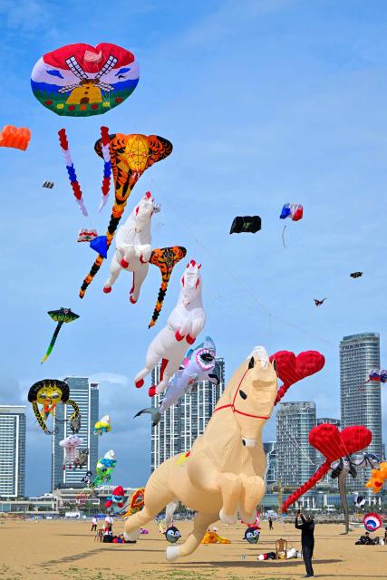 A participant flies kites in the sky during the International Kite Festival in Colombo on August 8, 2026. (Photo by Ishara S. KODIKARA / AFP)