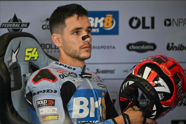 BK8 Gresini Racing's Spanish rider Iker Lecuona is pictured in the garage on the second day of the MotoGP British Grand Prix weekend at Silverstone circuit, central England on August 8, 2026. (Photo by Glyn KIRK / AFP)