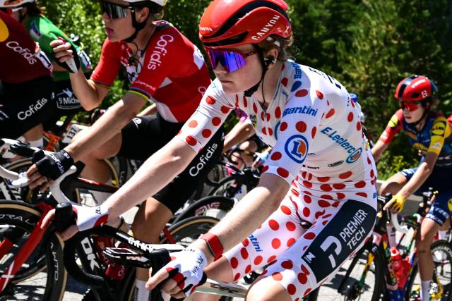 Fenix-Deceuninck's Dutch rider Puck Pieterse, wearing the best climber's polka dot (dotted) jersey, rides during the Women's Tour de France cycling race, 171.9 km from Sisteron to Nice, southeastern France on August 8, 2026. (Photo by NICOLAS TUCAT / AFP)