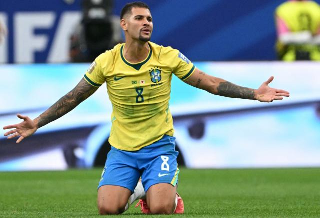 (FILES) Brazil's midfielder #08 Bruno Guimaraes reacts during the 2026 World Cup round of 32 football match between Brazil and Japan at the Houston Stadium in Houston on June 29, 2026. English Premier League champions Arsenal have completed the signing of Newcastle captain Bruno Guimaraes for a reported fee of £75 million (101.2 million USD), the two clubs announced on August 8, 2026. (Photo by RONALDO SCHEMIDT / AFP)