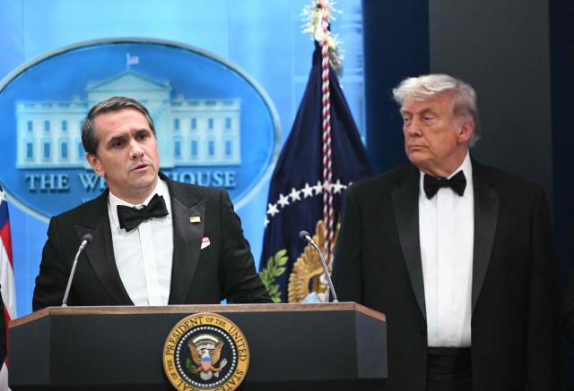 (FILES) Acting Attorney General Todd Blanche speaks as US President Donald Trump listens during a press briefing in the Brady Briefing Room at the White House in Washington, DC, shortly after a shooting incident at the White House Correspondents’ Dinner on April 25, 2026. The US Senate confirmed President Donald Trump's former personal lawyer Todd Blanche as attorney general early on August 8, 2026 after Republican lawmakers shrugged off Democratic concerns over politicization of the Department of Justice. (Photo by Mandel NGAN / AFP)