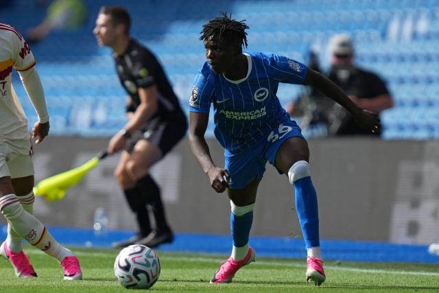 Brighton's Nigerian midfielder #36 Zadok Yohanna runs with the ball during the friendly pre-season football match between between Brighton and Hove Albion and Roma at the American Express Community Stadium in Brighton, southern England on August 8, 2026. (Photo by CARLOS JASSO / AFP)