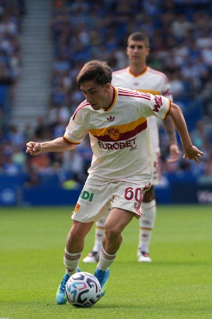 Roma's Italian defender #60 Mattia Mannini runs with the ball during the friendly pre-season football match between between Brighton and Hove Albion and Roma at the American Express Community Stadium in Brighton, southern England on August 8, 2026. (Photo by CARLOS JASSO / AFP)