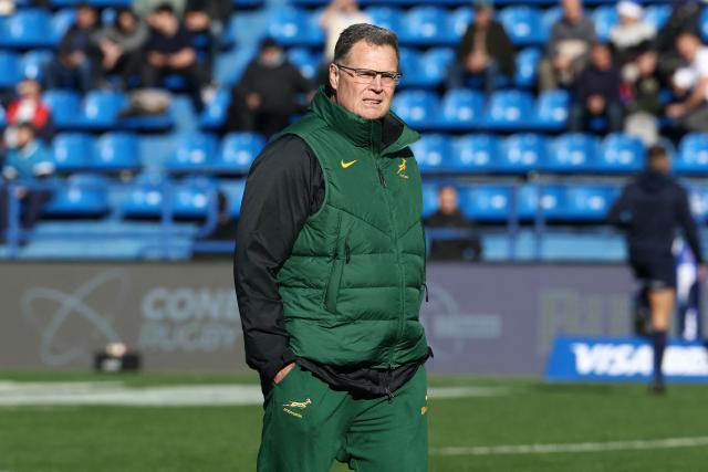 South Africa's head coach Rassie Erasmus looks on ahead of the Rugby Union one-off test match between Argentina and South Africa at the Jose Amalfitani stadium in Buenos Aires on August 8, 2026. (Photo by Alejandro PAGNI / AFP)
