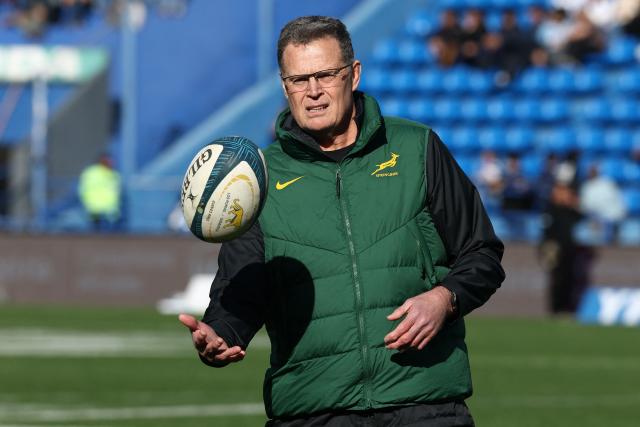 South Africa's head coach Rassie Erasmus holds a ball ahead of the Rugby Union one-off test match between Argentina and South Africa at the Jose Amalfitani stadium in Buenos Aires on August 8, 2026. (Photo by Alejandro PAGNI / AFP)