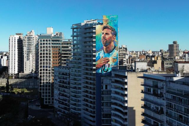 Aerial view of a mural depicting Argentina's football star Lionel Messi in his hometown Rosario, Santa Fe province, Argentina, on August 8, 2026. Jorge Messi, the father and agent of Lionel Messi, has died aged 68, the eight-time Ballon d'Or winner's childhood club Newell's Old Boys announced on August 8, 2026. (Photo by Luis ROBAYO / AFP)