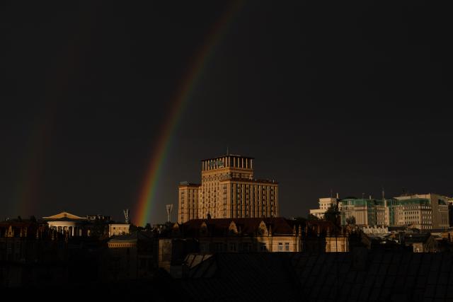This photograph shows a double rainbow over buildings in downtown Kyiv, on August 8, 2026, amid the Russian invasion of Ukraine. (Photo by Roman PILIPEY / AFP)