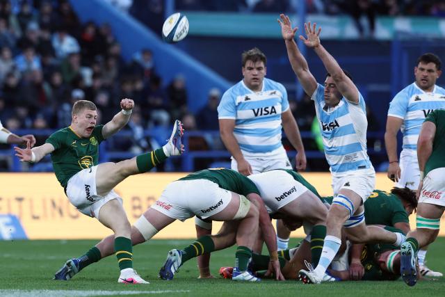South Africa's Morne Van Den Berg kicks the ball as Argentina's lock Guido Petti challenges during the Rugby Union one-off test match between Argentina and South Africa at the Jose Amalfitani stadium in Buenos Aires on August 8, 2026. (Photo by Alejandro PAGNI / AFP)