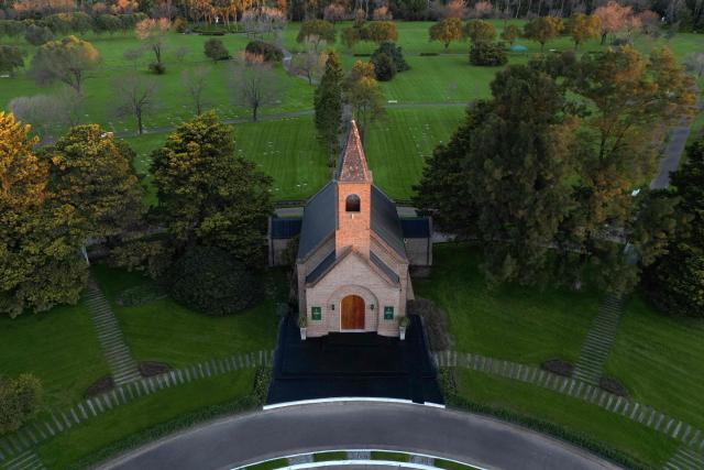This aerial view shows a chapel at El Prado cemetery on the outskirts of Rosario, Santa Fe province, Argentina, on August 8, 2026. Jorge Messi, the father and agent of Lionel Messi, has died aged 68, the eight-time Ballon d'Or winner's childhood club Newell's Old Boys announced on August 8, 2026. (Photo by Luis ROBAYO / AFP)