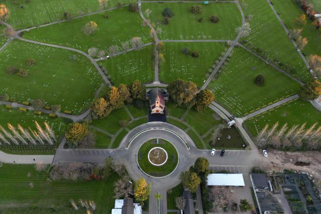 This aerial view shows a chapel at El Prado cemetery on the outskirts of Rosario, Santa Fe province, Argentina, on August 8, 2026. Jorge Messi, the father and agent of Lionel Messi, has died aged 68, the eight-time Ballon d'Or winner's childhood club Newell's Old Boys announced on August 8, 2026. (Photo by Luis ROBAYO / AFP)
