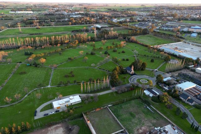 This aerial view shows El Prado cemetery on the outskirts of Rosario, Santa Fe province, Argentina, on August 8, 2026. Jorge Messi, the father and agent of Lionel Messi, has died aged 68, the eight-time Ballon d'Or winner's childhood club Newell's Old Boys announced on August 8, 2026. (Photo by Luis ROBAYO / AFP)