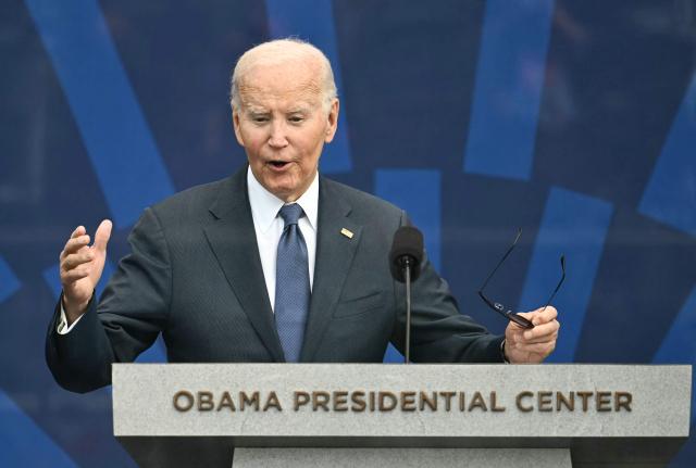 (FILES) Former US president Joe Biden speaks during the opening of the Barack Obama Presidential Center in Chicago, Illinois, on June 18, 2026. Former president Biden's cancer has metastasized further, according to his son Hunter Biden, who shared the update in an interview with the BBC broadcasted on August 7, 2026. In May 2025, just four months after he left office as the oldest sitting president, the elder Biden revealed he had been diagnosed with an aggressive form of prostate cancer that had spread to his bones. (Photo by Kent NISHIMURA / AFP)