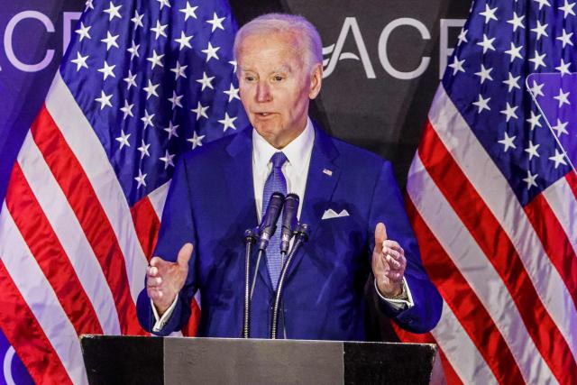 (FILES) US President Joe Biden speaks during a conference of the Advocates, Counselors and Representatives for the Disabled (ACRD) at the Sofitel Hotel in Chicago, Illinois, on April 15, 2025. Former president Biden's cancer has metastasized further, according to his son Hunter Biden, who shared the update in an interview with the BBC broadcasted on August 7, 2026. In May 2025, just four months after he left office as the oldest sitting president, the elder Biden revealed he had been diagnosed with an aggressive form of prostate cancer that had spread to his bones. (Photo by tannen MAURY / AFP)